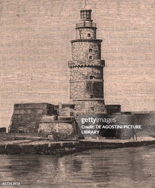 The Lanterna, the old lighthouse of Civitavecchia, Lazio, Italy, woodcut from Le cento citta d'Italia , illustrated monthly supplement of Il Secolo,...