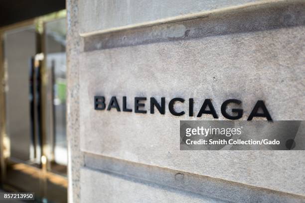 Close-up of signage for the Balenciaga upscale shoe boutique on Madison Avenue on the Upper East Side of Manhattan, New York City, New York,...