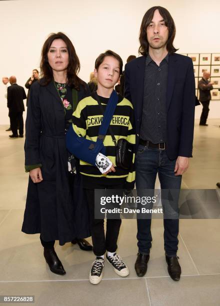 Katy England, Lux Gillespie and Bobby Gillespie attend the private view of "The Disasters of Everyday Life" by Jake & Dinos Chapman at Blain|Southern...