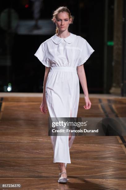 Model walks the runway during the Paul & Joe Paris show as part of the Paris Fashion Week Womenswear Spring/Summer 2018 on October 3, 2017 in Paris,...