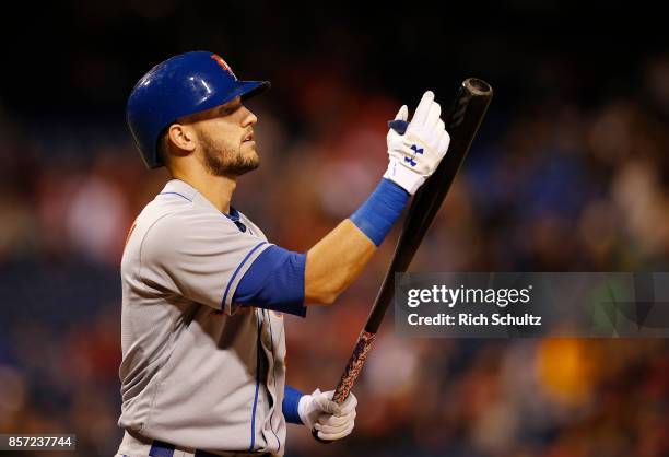 C of the New York Mets in action against the Philadelphia Phillies during the fifth inning of a game at Citizens Bank Park on September 30, 2017 in...