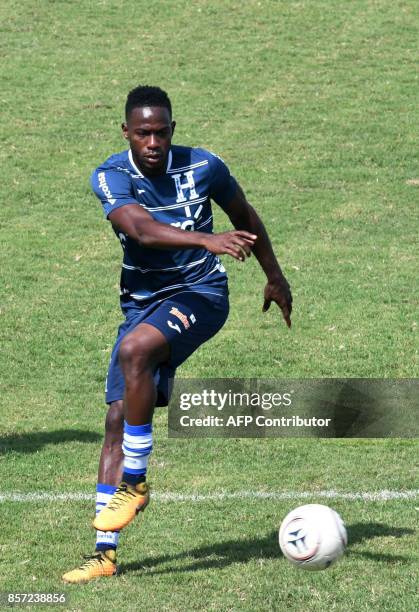 Honduras football team captain Mynor Figueroa controls the ball during a training session at the Carlos Miranda stadium, in Comayagua, 80 km north of...