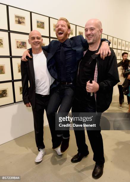 Dinos Chapman, Alastair Guy and Jake Chapman attend the private view of "The Disasters of Everyday Life" by Jake & Dinos Chapman at Blain|Southern on...