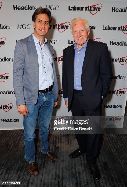 Ed Miliband and David Dimbleby attend the press night after party for "Labour Of Love" at The National Cafe on October 3, 2017 in London, England.