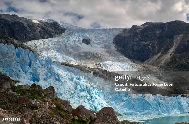 a side view of glacier los leones descending in laguna sn. rafael np. - aisen del general carlos ibanez del campo stock pictures, royalty-free photos & images