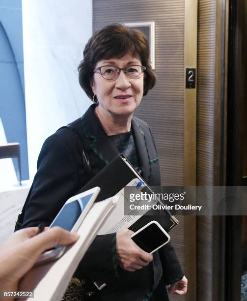 Sen. Susan Collins leaves a closed briefing of the Senate Intelligence Committee on October 3, 2017 in Washington, DC.
