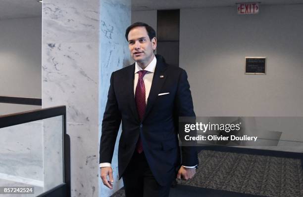 Sen. Marco Rubio leaves a closed briefing of the Senate Intelligence Committee on October 3, 2017 in Washington, DC.