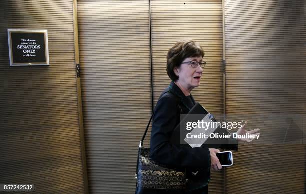 Sen. Susan Collins talks to reporters after she leaves a closed briefing of the Senate Intelligence Committee on October 3, 2017 in Washington, DC.