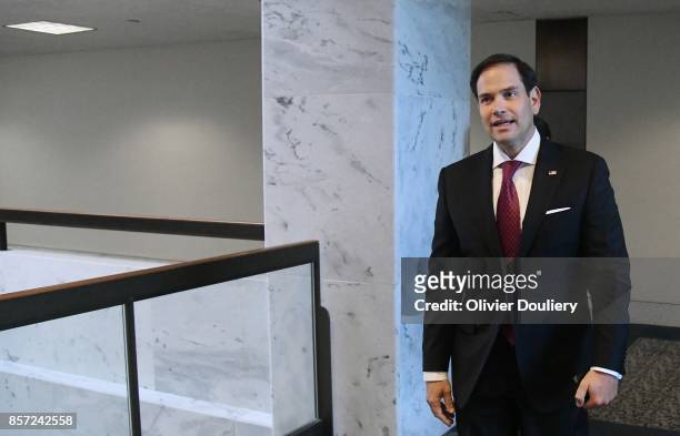 Sen. Marco Rubio leaves a closed briefing of the Senate Intelligence Committee on October 3, 2017 in Washington, DC.
