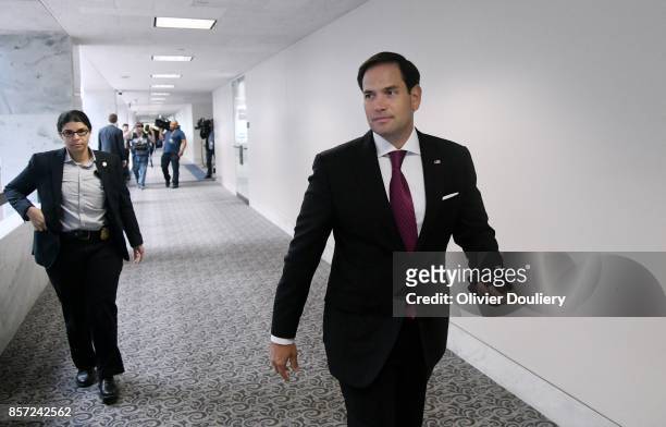 Sen. Marco Rubio leaves a closed briefing of the Senate Intelligence Committee on October 3, 2017 in Washington, DC.