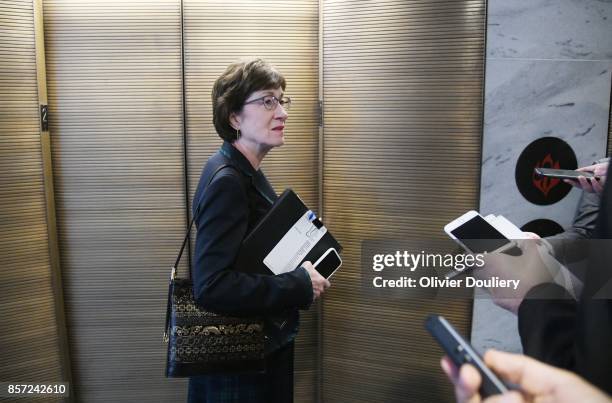 Sen. Susan Collins talks to reporters after she leaves a closed briefing of the Senate Intelligence Committee on October 3, 2017 in Washington, DC.