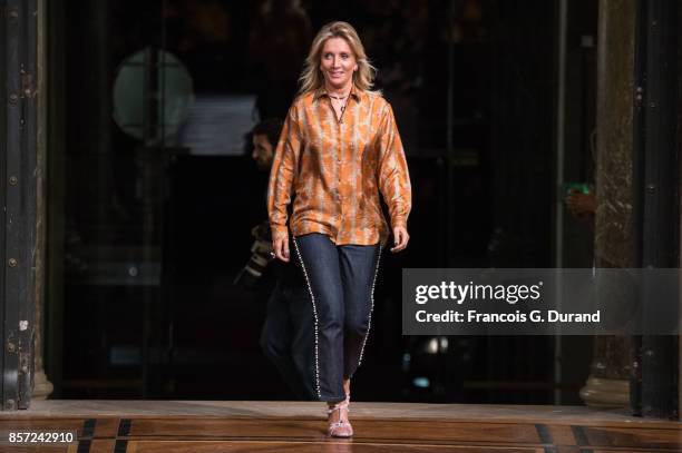 Designer Sophie Albou walks the runway during the Paul & Joe Paris show as part of the Paris Fashion Week Womenswear Spring/Summer 2018 on October 3,...