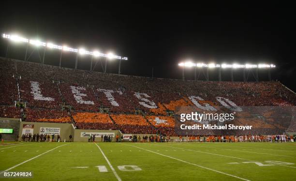 General view of Lane Stadium during a special card stunt in the first half of the game between the Virginia Tech Hokies and the Clemson Tigers on...