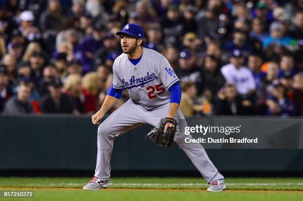 Rob Segedin of the Los Angeles Dodgers plays third base against the Colorado Rockies at Coors Field on September 29, 2017 in Denver, Colorado.