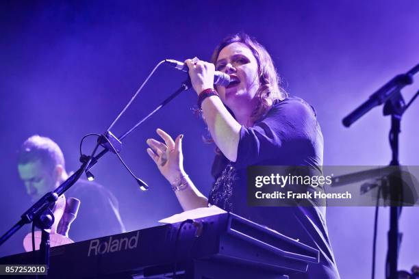 Singer Rachel Goswell of the British band Slowdive performs live on stage during a concert at the Huxleys on October 3, 2017 in Berlin, Germany.