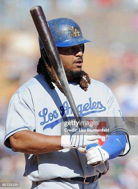 Manny Ramirez of the Los Angeles Dodgers prepares to bat during a Spring Training game against the Chicago White Sox at Camelback Ranch on March 28,...