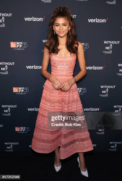 Zendaya attends the premiere of "Without a Net" during the 55th New York Film Festival at The Film Society of Lincoln Center, Walter Reade Theatre on...