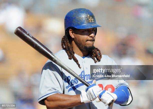 Manny Ramirez of the Los Angeles Dodgers prepares to bat during a Spring Training game against the Chicago White Sox at Camelback Ranch on March 28,...