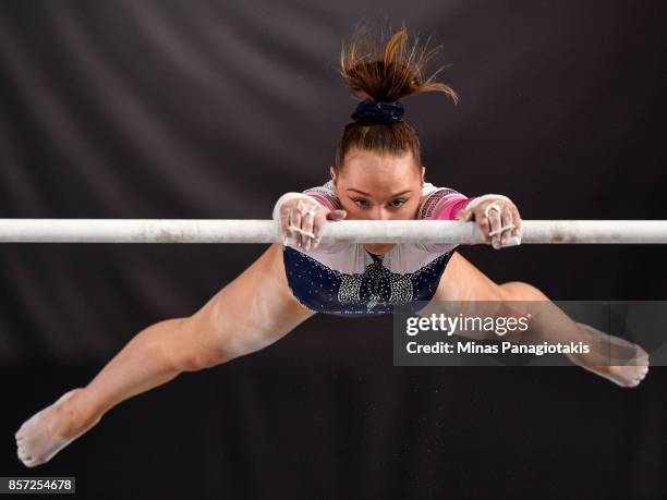 Amy Tinkler of Great Britain competes on the uneven bars during the qualification round of the Artistic Gymnastics World Championships on October 3,...