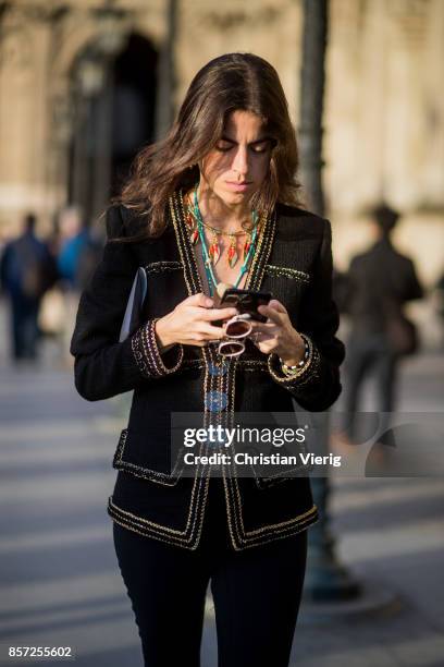 Leandra Medine seen outside Louis Vuitton during Paris Fashion Week Spring/Summer 2018 on October 3, 2017 in Paris, France.