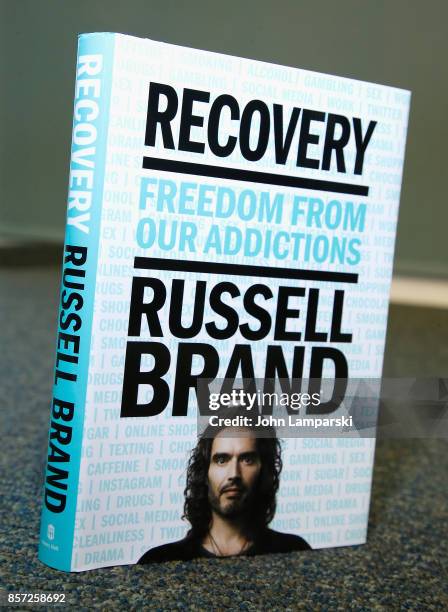 Book is seen on dispaly as Russell Brand signs copies of his new book "Recovery: Freedom From Our Addictions" at Barnes & Noble Union Square on...