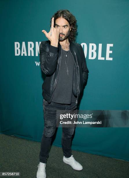 Russell Brand signs copies of his new book "Recovery: Freedom From Our Addictions" at Barnes & Noble Union Square on October 3, 2017 in New York City.