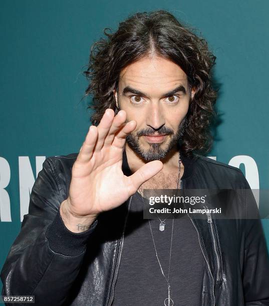 Russell Brand signs copies of his new book "Recovery: Freedom From Our Addictions" at Barnes & Noble Union Square on October 3, 2017 in New York City.