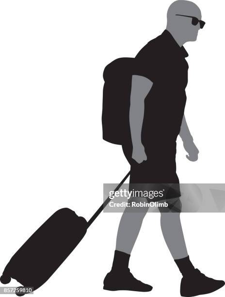 man zieht rollenden koffer silhouette - trolley stock-grafiken, -clipart, -cartoons und -symbole