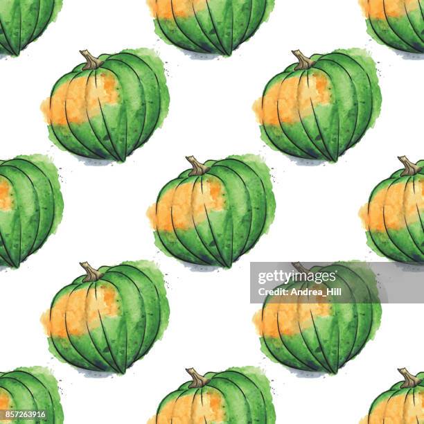 acorn squash watercolor vector seamless pattern - acorn squash stock illustrations