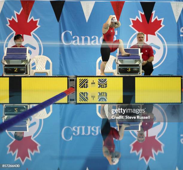 Tess Routliffe of Canada prepares to swim the 100 metres breaststroke as the Para-swimming athletes compete in the Para-Swimming Canadian Open at the...