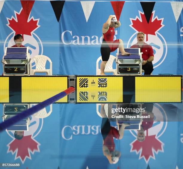 Tess Routliffe of Canada prepares to swim the 100 metres breaststroke as the Para-swimming athletes compete in the Para-Swimming Canadian Open at the...