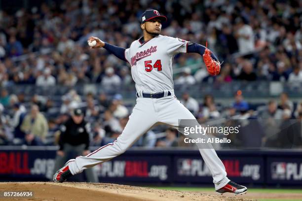 Ervin Santana of the Minnesota Twins throws a pitch against the New York Yankees during the first inning in the American League Wild Card Game at...