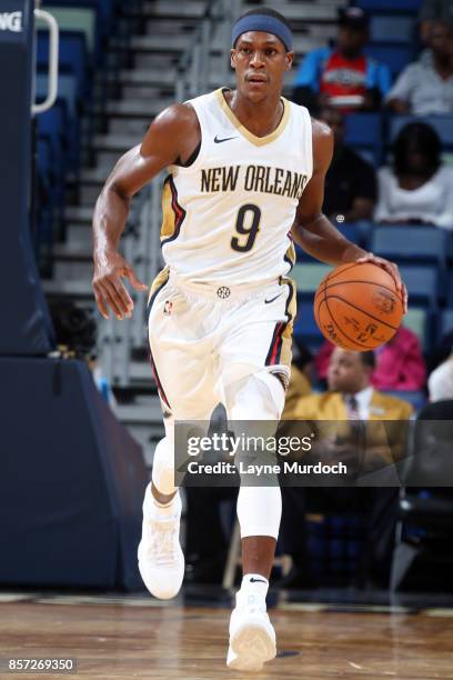 Rajon Rondo of the New Orleans Pelicans handles the ball during a preseason game against the Chicago Bulls on October 3, 2017 at the Smoothie King...