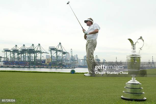 Mitchell Brown of Australia watches his tee shot on the 6th hole during Day One of The Open International Final Qualifying forAsia held on March 31,...