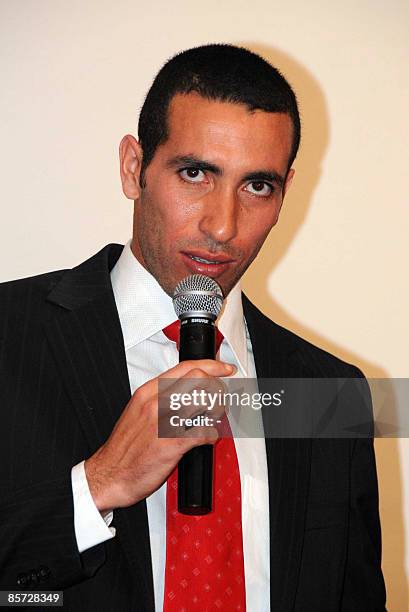 Egyptian Al Ahly striker Mohammed Aboutrika speaks on March 30, 2009 after receiving the award of best 2008 Arabic football player during a ceremony...