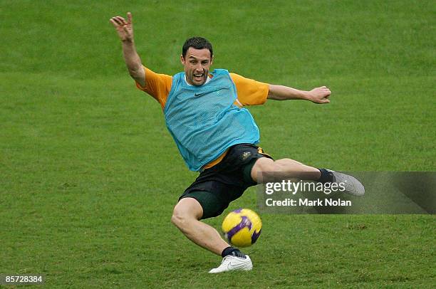 Scott McDonald of Australia takes a shot at goal during a Socceroos training session at ANZ Stadium on March 31, 2009 in Sydney, Australia.