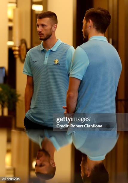 Nikita Rukavytsya and Mathew Leckie of Australia arrive for an Australia Socceroos media opportunity on October 4, 2017 in Malacca, Malaysia.