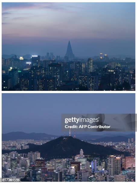 This combo of photos put together on October 3, 2017 shows the skyline of Pyongyang on May 5, 2013 and the skyline of Seoul on July 9, 2015. North...