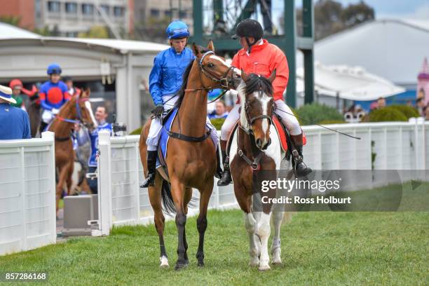 /h1/ ridden by /j1/ before the /r7/ at Caulfield Racecourse on October 01, 2017 in Caulfield, Australia.