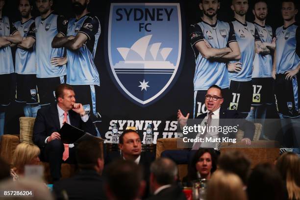 Qantas CEO Alan Joyce is interviewed by television personality Peter Overton during the Sydney FC 2017/18 A-League Season Launch at the Westin on...