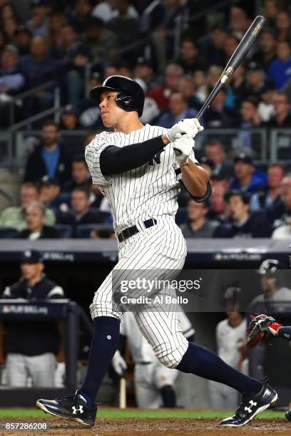 Aaron Judge of the New York Yankees hits a two run home run against Jose Berrios of the Minnesota Twins during the fourth inning in the American...