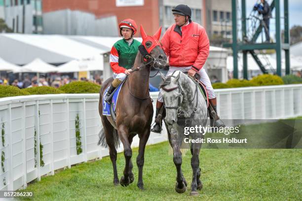 /h9/ ridden by /j9/ before the /r7/ at Caulfield Racecourse on October 01, 2017 in Caulfield, Australia.