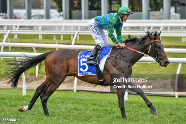 /h5/ ridden by /j5/ before the /r7/ at Caulfield Racecourse on October 01, 2017 in Caulfield, Australia.