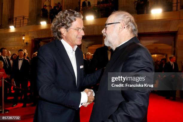 German publisher Florian Langenscheidt and Juergen Flimm, outgoing director of Staatsoper attend the Re-Opening of the Staatsoper Unter den Linden on...