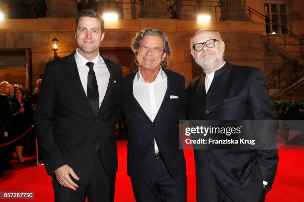 Matthias Schulz, incoming director of Staatsoper , German publisher Florian Langenscheidt and Juergen Flimm, outgoing director of Staatsoper attend...