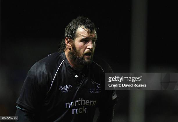 Carl Heyman of Newcastle pictured during the Guinness Premiership match between Newcastle Falcons and Leicester Tigers at Kingston Park on March 27,...