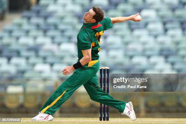 Andrew Fekete of the Tigers bowls during the JLT One Day Cup match between Victoria and Tasmania at WACA on October 4, 2017 in Perth, Australia.