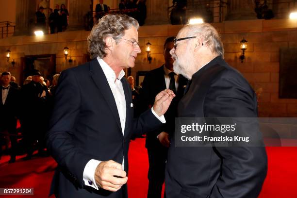 German publisher Florian Langenscheidt and Juergen Flimm, outgoing director of Staatsoper attend the Re-Opening of the Staatsoper Unter den Linden on...