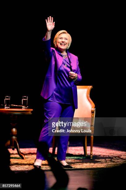 Former U.S. Secretary of State Hillary Clinton speaks onstage during the tour for her new book 'What Happened' at Au-Rene Theater at Broward Center...