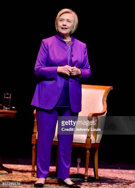 Former U.S. Secretary of State Hillary Clinton speaks onstage during the tour for her new book 'What Happened' at Au-Rene Theater at Broward Center...